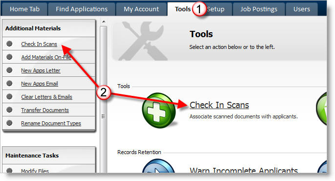 Tools>Check In Scans